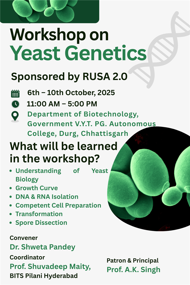 A Five-Day RUSA-Sponsored workshop on Yeast Genetics at the Department of Biotechnology-Event of Govt.V.Y.T.PG. Autonomous College, Durg